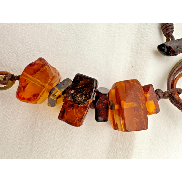 Baltic Amber Multi Stone Chunk Necklace on Multistrand Leather Cord 26 gr Boho - Picture 8 of 9